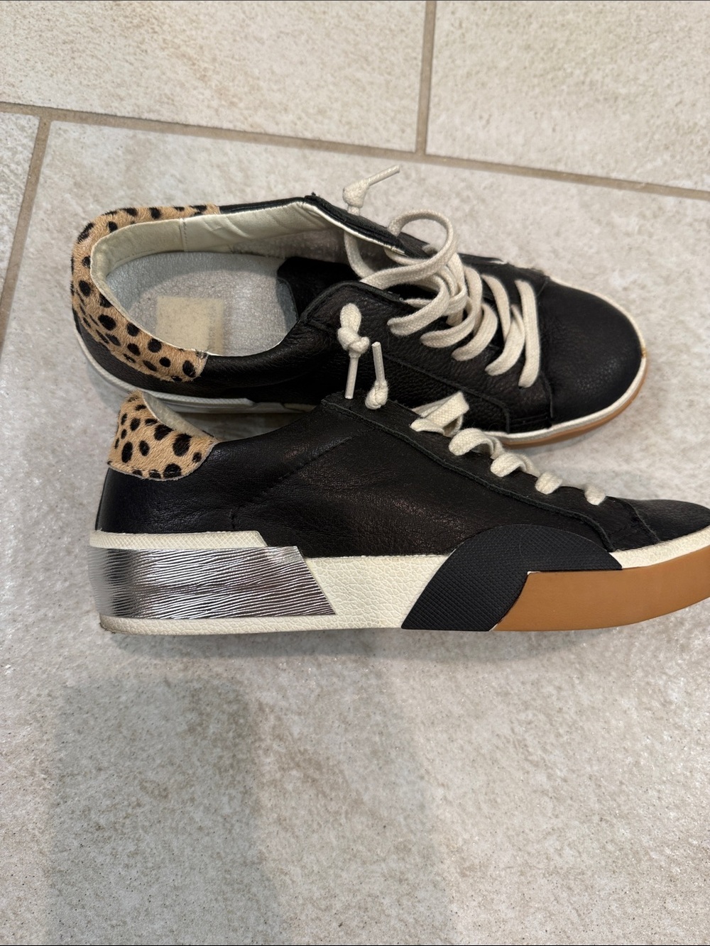 Dolce Vita Black Leather Sneakers with Leopard Accent and Gum Toe